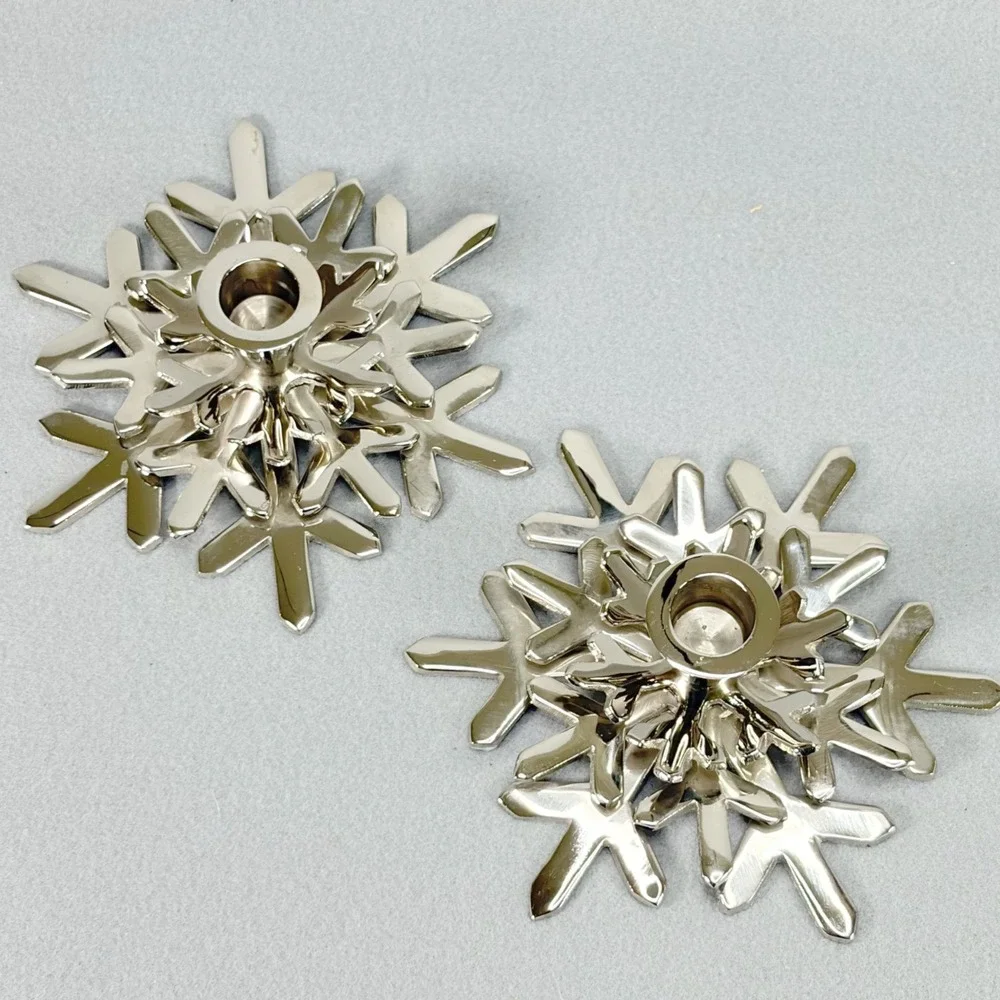 Crate & Barrel Pair Shiny Snowflake Taper Candle Holders Silver Festive Holiday